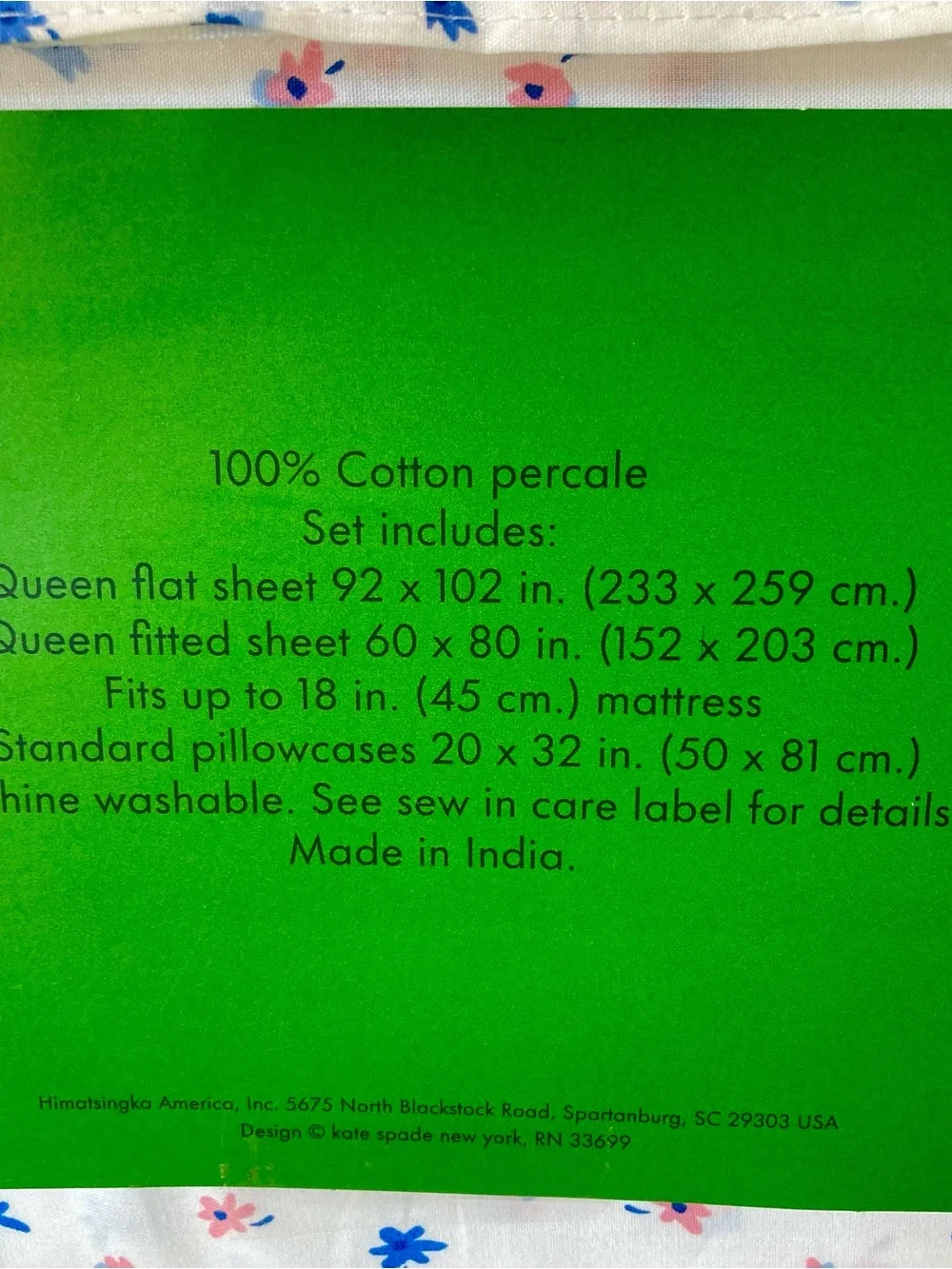 NEW Kate Spade Queen Size Sheets, White with Pink and Blue Floral Pattern